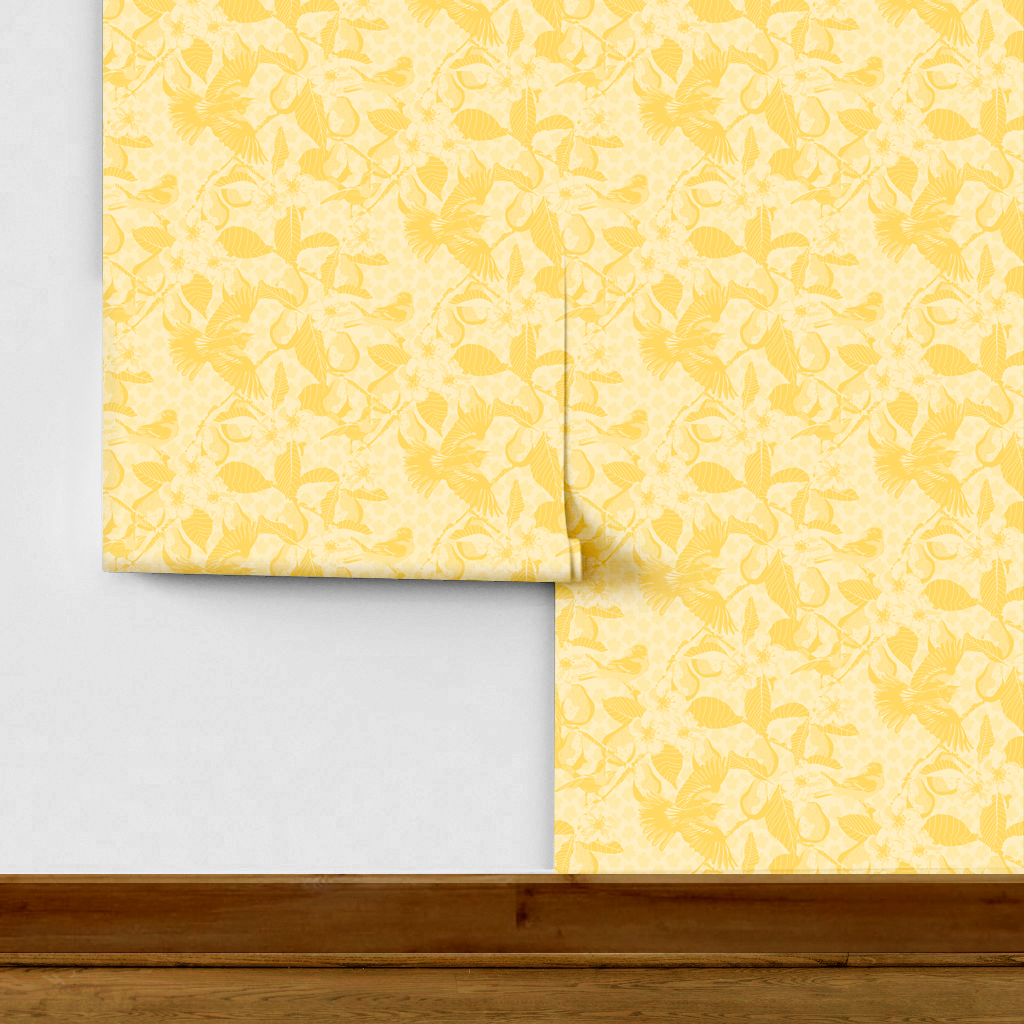 The artwork showcases a vibrant and detailed pattern featuring three orange and black birds set against a backdrop of yellow pears, green leaves, and white blossoms. The birds are depicted in different poses: one perched on a branch, one in mid-flight with wings spread, and another near a pear. The rich colors and intricate details of the feathers, fruits, and flowers create a lively and harmonious composition. The overall style combines naturalistic elements with a decorative, repeating design, highlighting the beauty of nature with emphasis on bold contrasts and vivid hues.